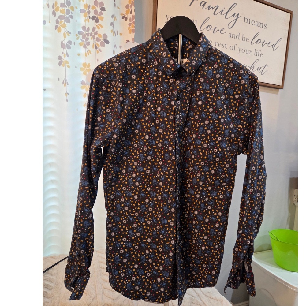 The Rail Mens Mystical Celestial Print Button Down Shirt Black Hamsa Eye Size M